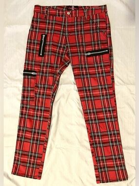Royal Bones Red Plaid Pants with Zipper Accents